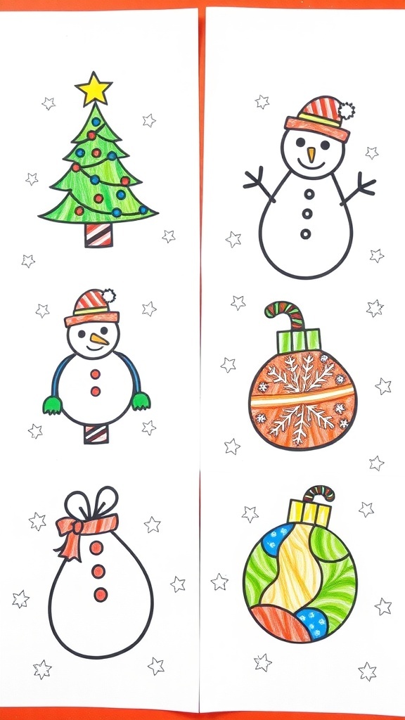 Simple Christmas drawings featuring a tree, snowman, and ornament in bright colors.